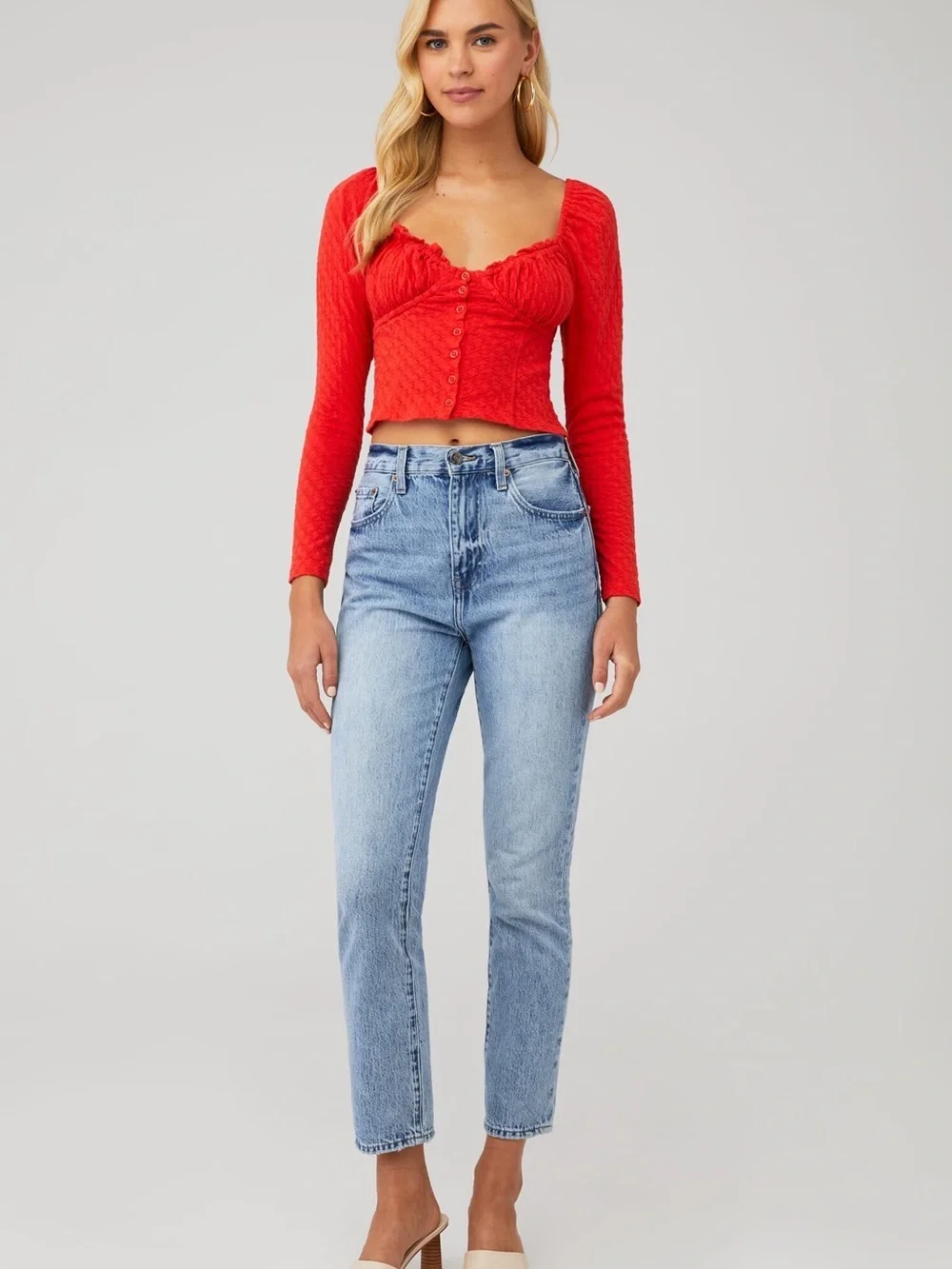 Free People Ladybug Long Sleeve Crop Top Red Textured Ruched Boho Size M NWOT